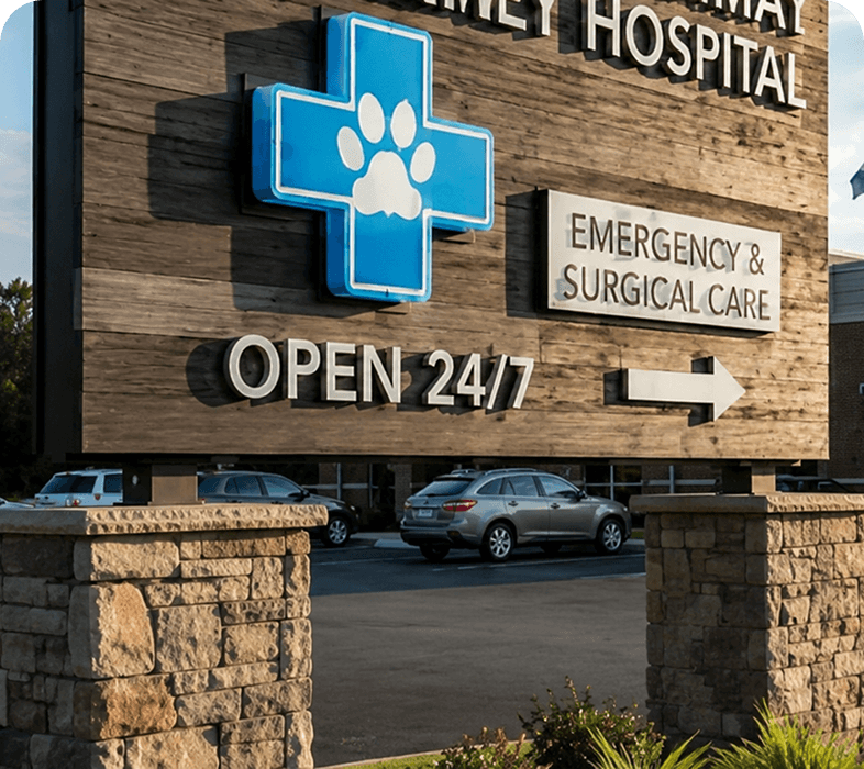 Animal hospital sign, open 24/7.