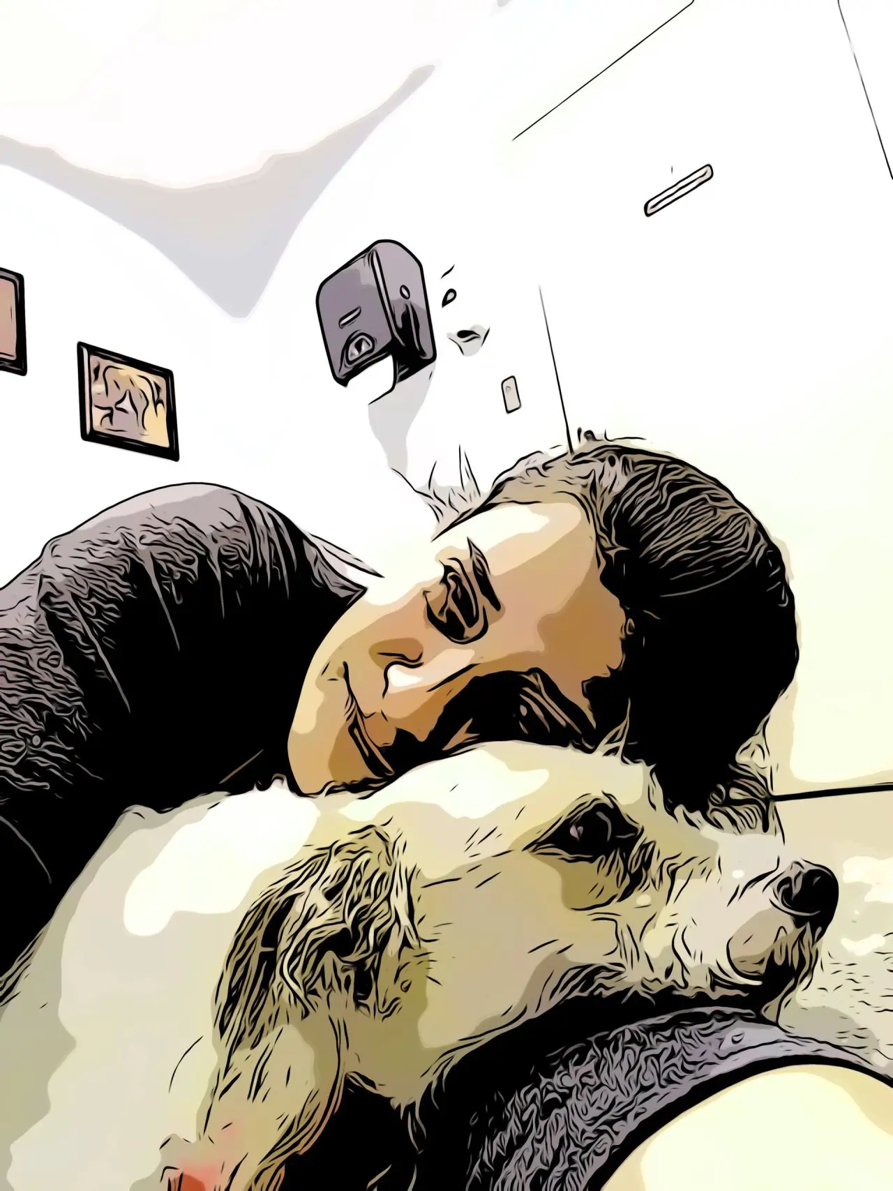 Cartoon man cuddling with a dog.