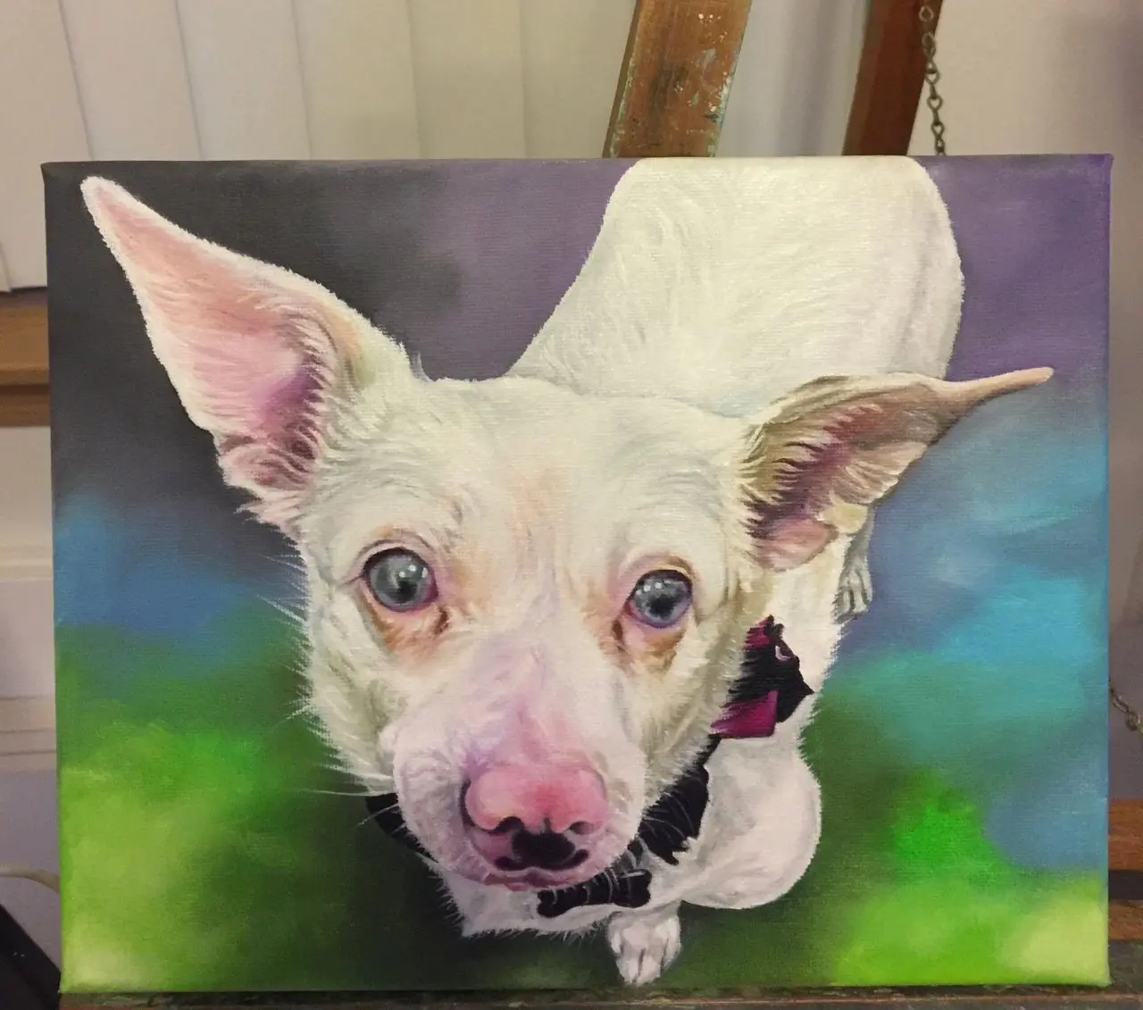 Painting of a white dog with pink nose.