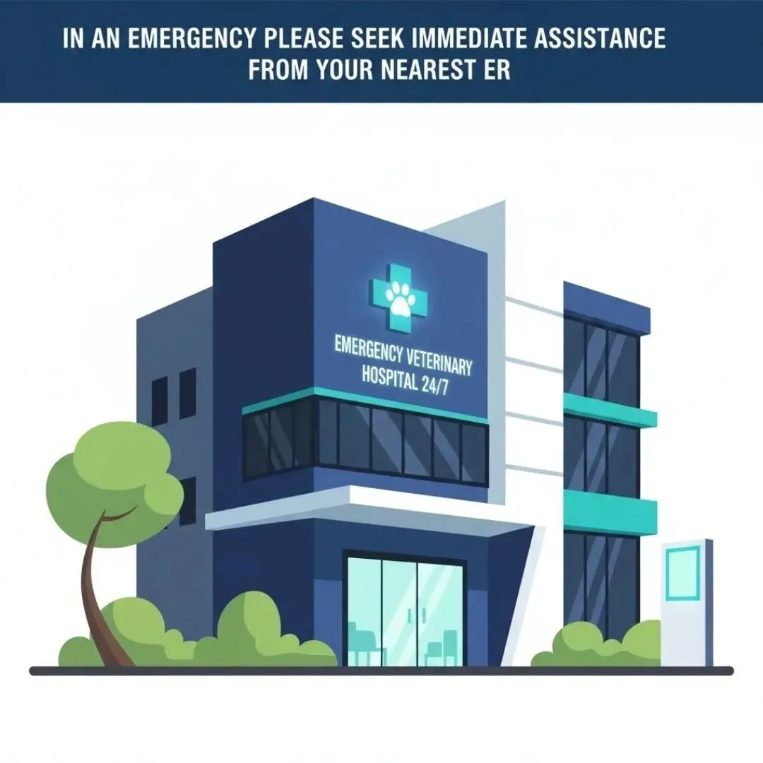 Emergency veterinary hospital illustration, 24/7 service.
