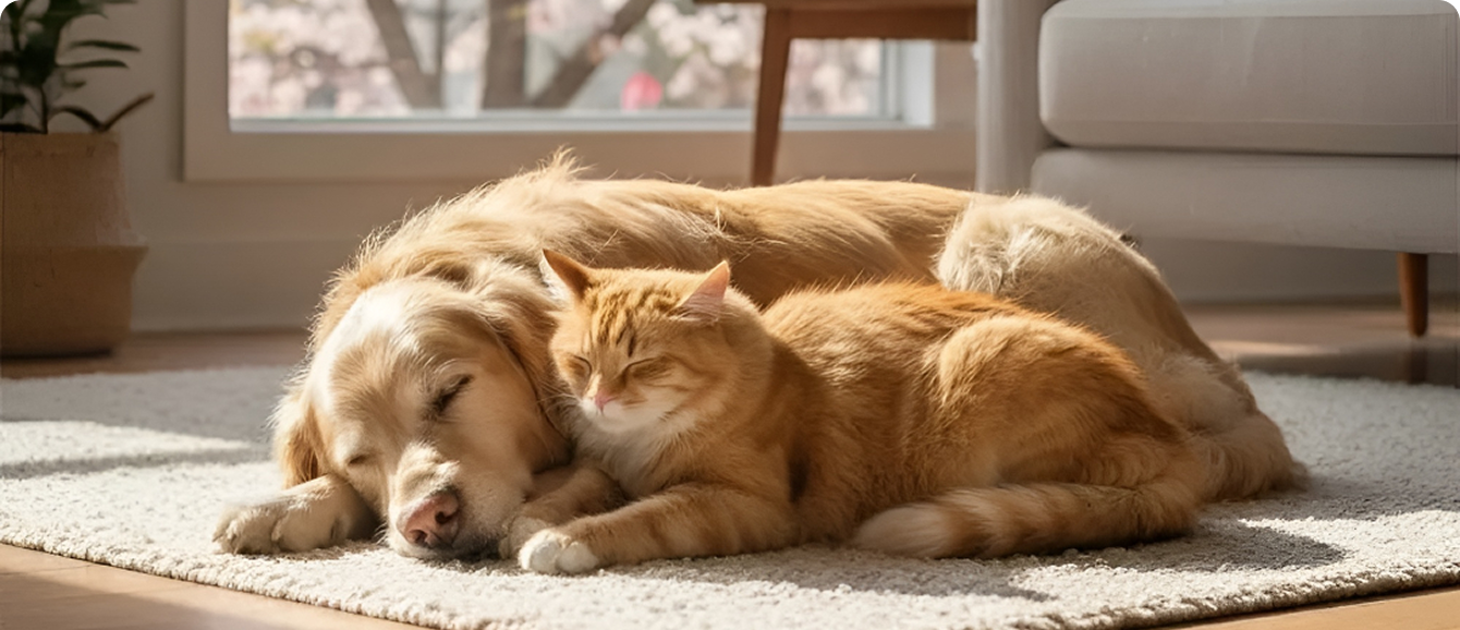 Cozy pets napping in sunlight